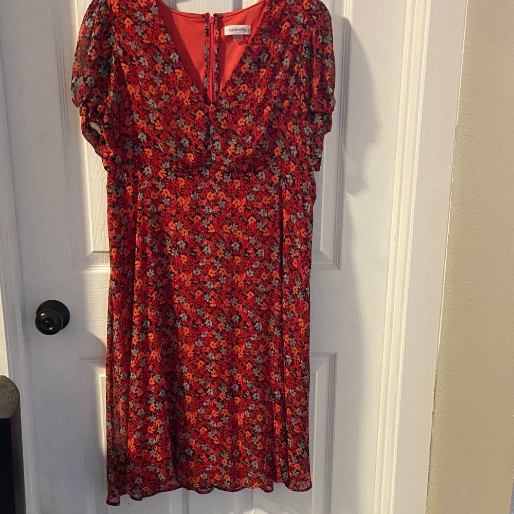 Calvin Klein Red / Pink Floral Midi Dress